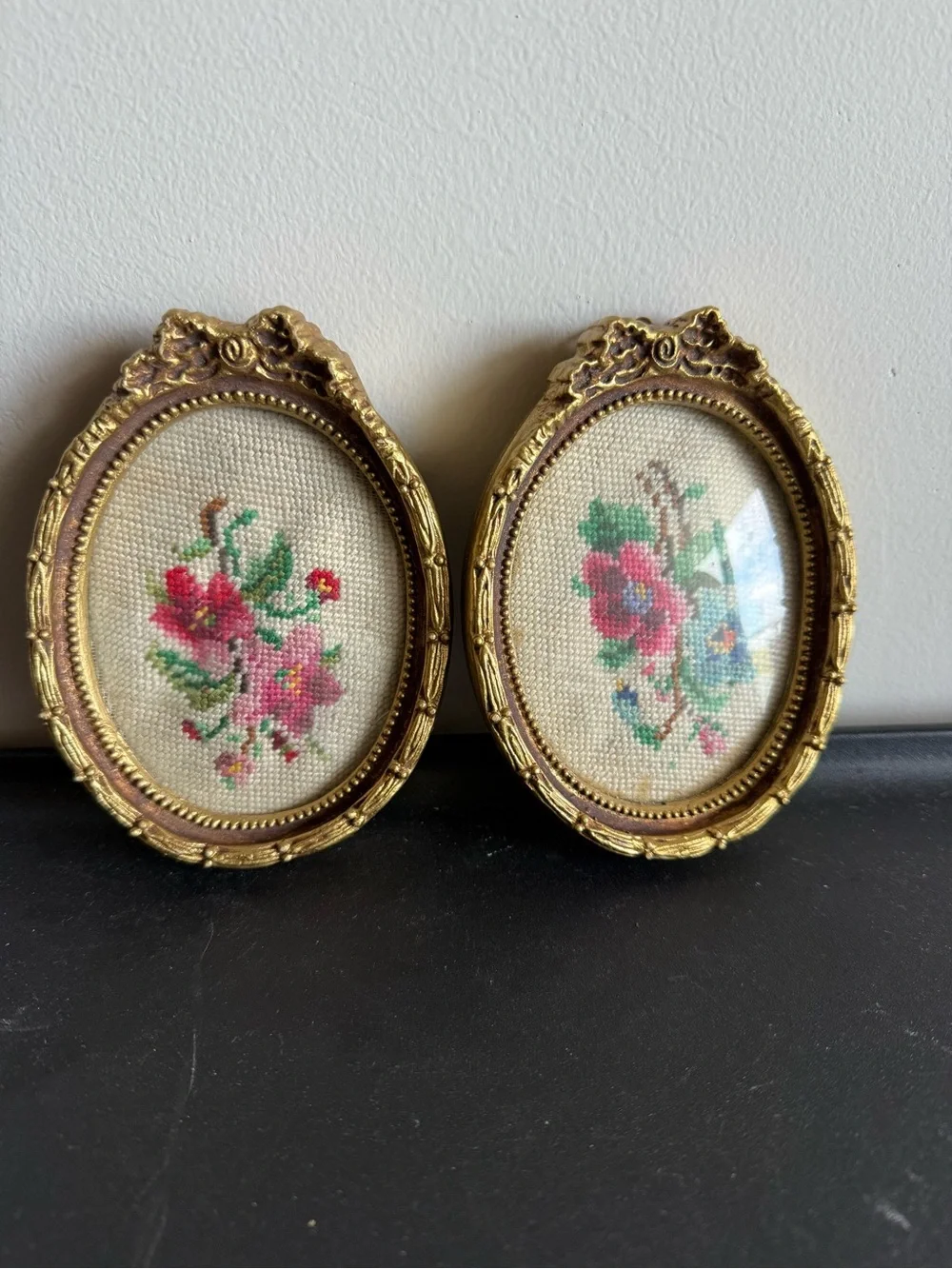 Antique Ornate Gold Floral Needlepoint Framed Mini Wall Art Pair